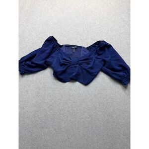 BCBG Paris Navy Blue Off The Shoulder Bow Front Puff Sleeve Crop Top Blouse XS